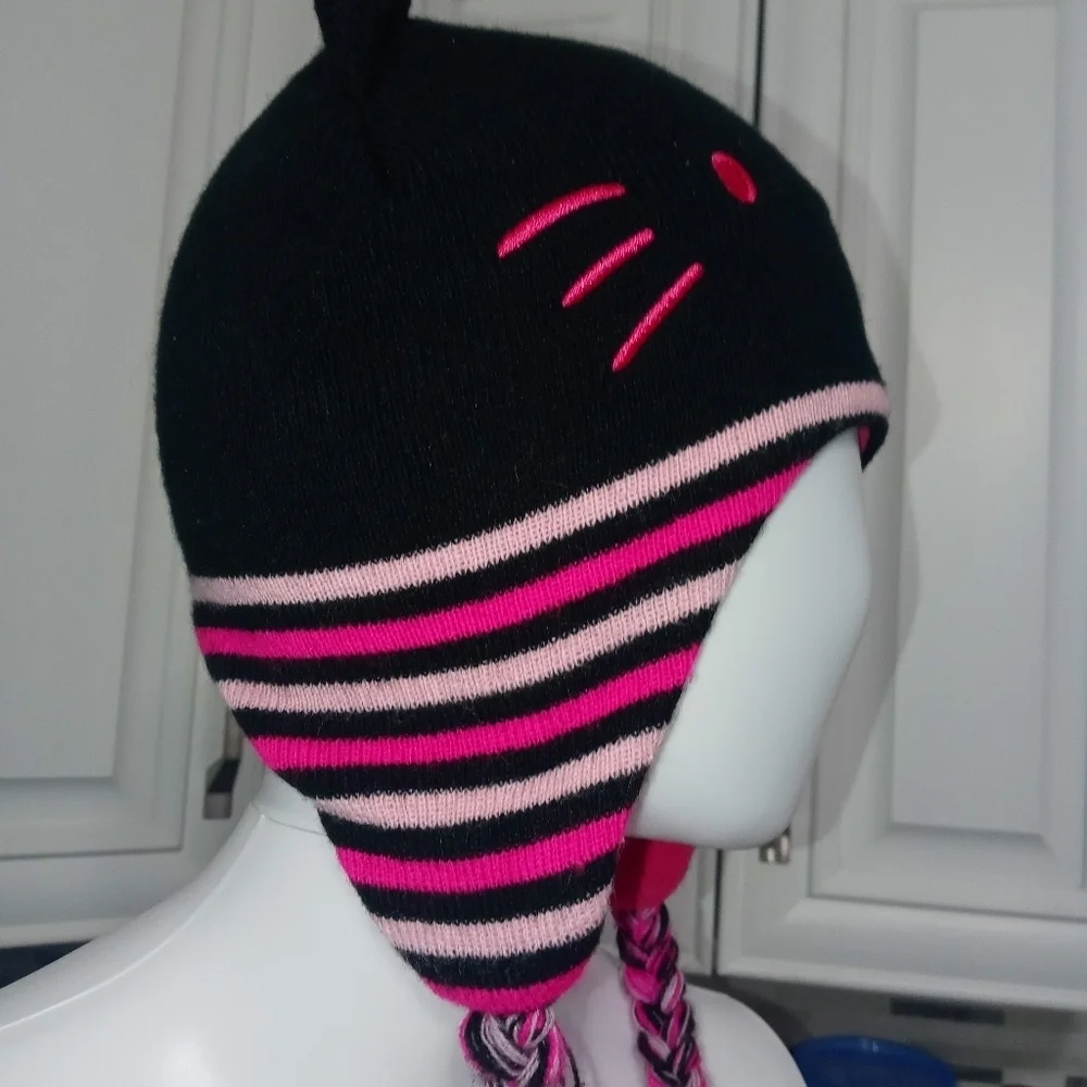 Hello Kitty girl knit beanie ear flap cap w Embroidered face and braided tassels